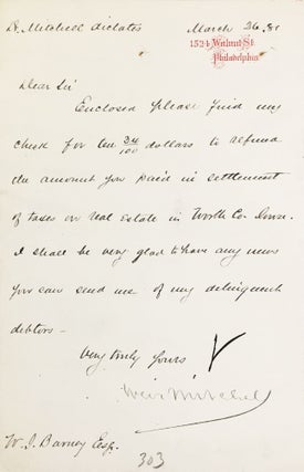 MANUSCRIPT. Four notes in secretarial hand, to Mitchell’s lawyer.